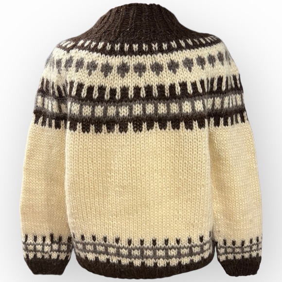 Vintage Icelandic Lopapeysa Wool Sweater Álafoss Lopi Yoke Cream Brown M - Picture 3 of 9